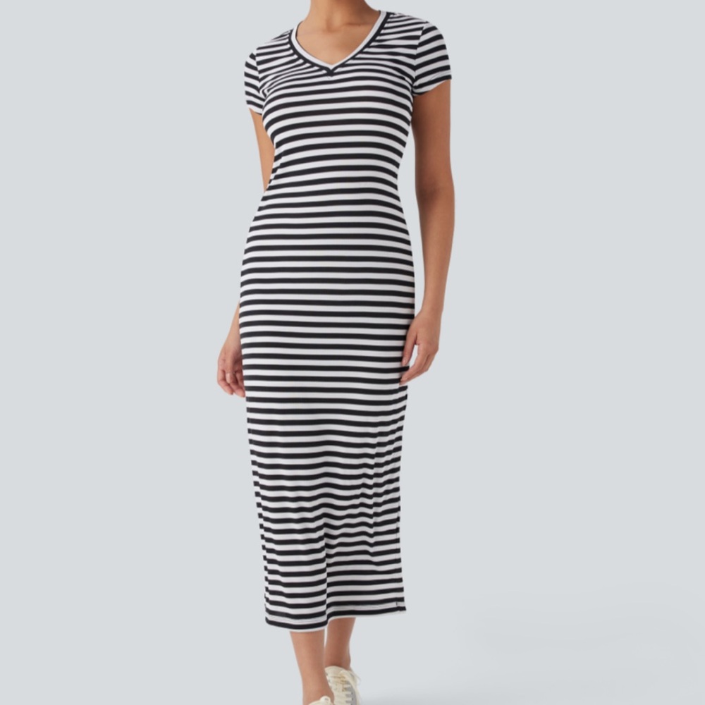 NWT Halara V Neck Stripe Midi Casual T-Shirt Dress White/Black Size:Large
